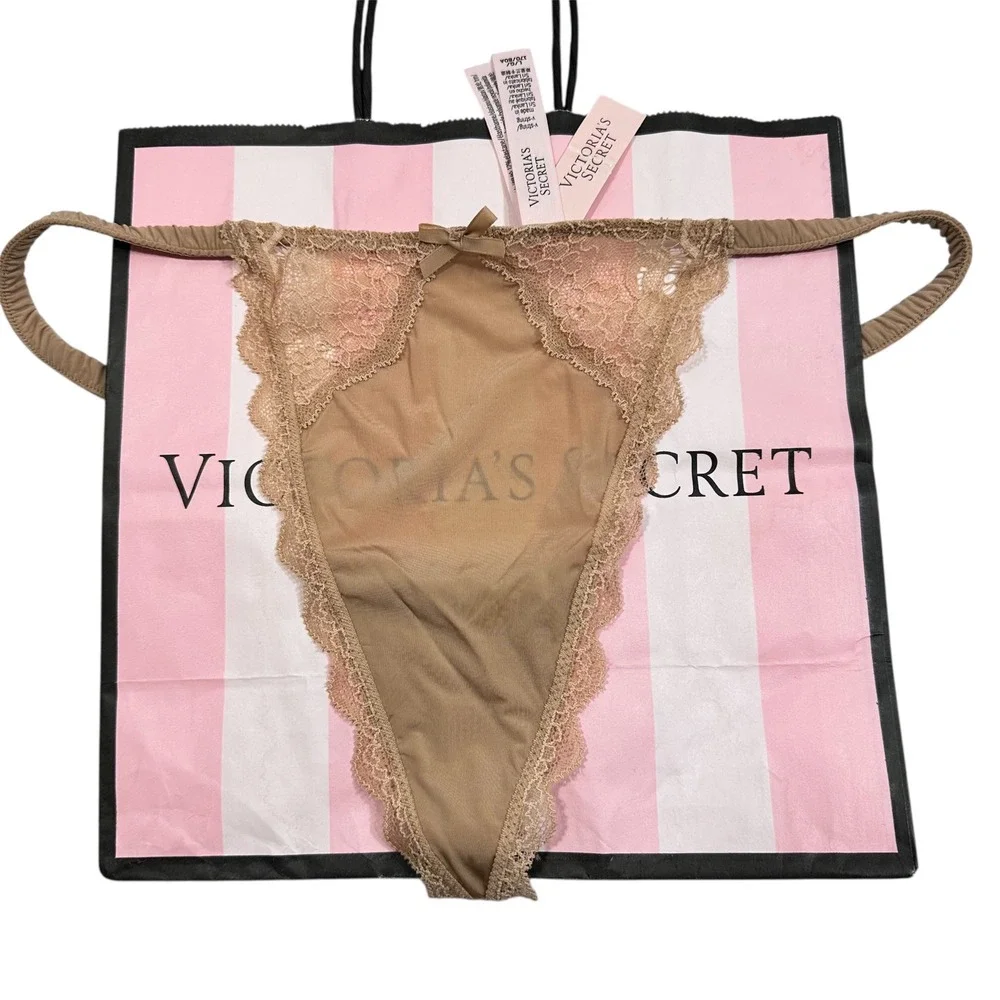 NWT Victoria's Secret Sheer Lace Trim Thong Panty Tan Large